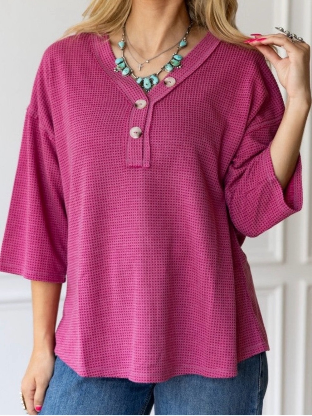 ANDREE BY UNIT Magenta Waffle Henley Top